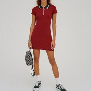 NWT Wild Fable Polo Dress Ribbed Knit Short Sleeve Zip Mini Red size Large New